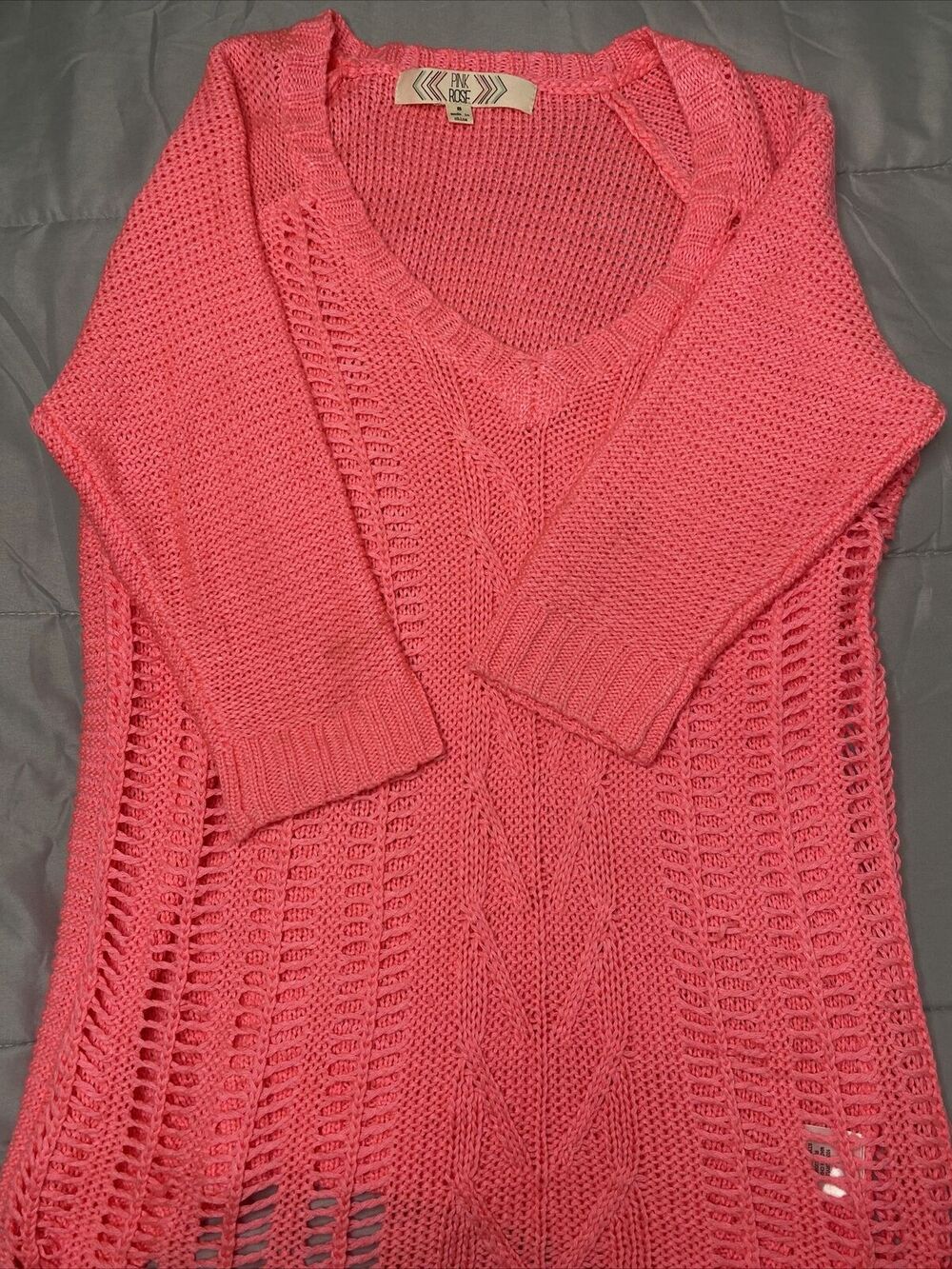 PINK ROSE LADIES' HOT PINK S/S CABLE TUNIC SWEATER/TOP, SIZE SMALL